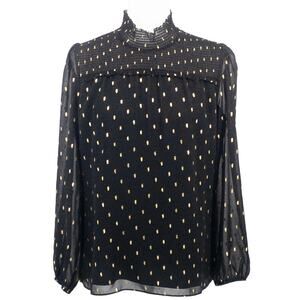 WHBM Black & Gold Foil Dash Mock Neck Sheer Sleeve Blouse Small